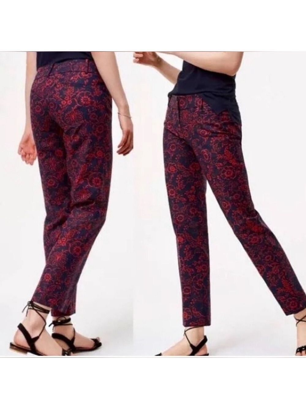 ANN TAYLOR LOFT WOMEN'S MARISA THE RIVIERA ANKLE PANTS BLUE W/RED FLORAL SIZE 2